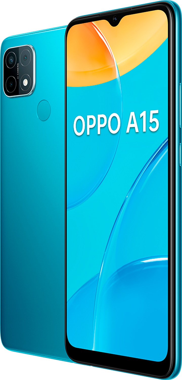 Smartphone Oppo A15 turquesa con módulo de cámara y el nombre del teléfono en la pantalla.