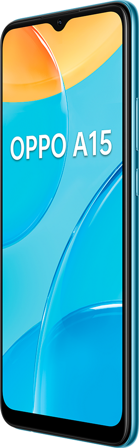 Un smartphone Oppo A15 azul, vista en ángulo.