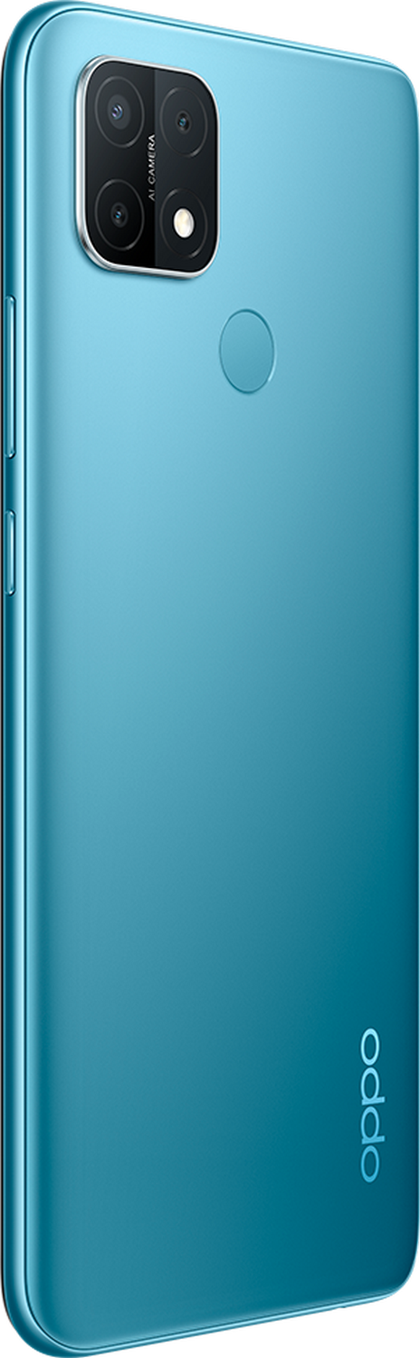 Teléfono Oppo azul con cámara en la parte trasera. Fondo blanco.