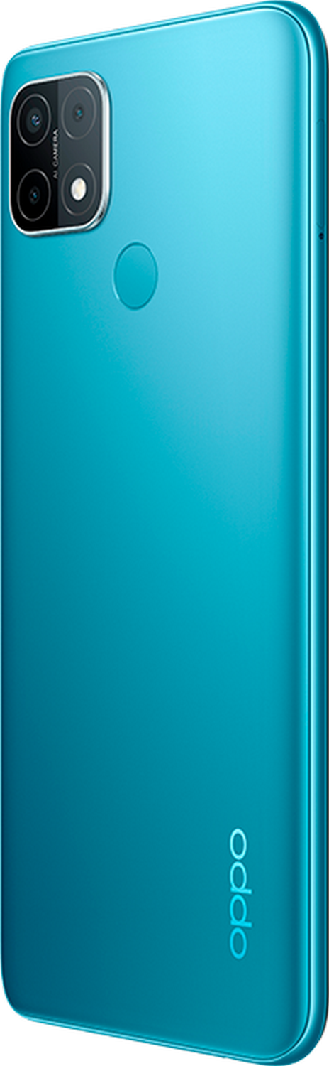 Smartphone de color turquesa, vista trasera. Logotipo de Oppo visible, configuración de cámara dual y flash.