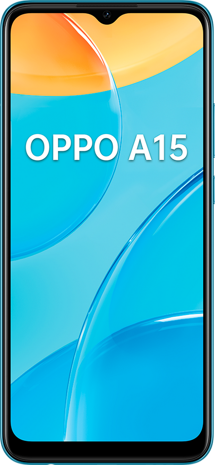 Un smartphone Oppo A15 azul con el nombre del modelo en la pantalla.