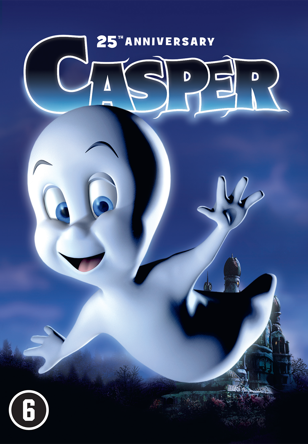 Couverture du DVD de Casper. Un fantôme de dessin animé avec un fond bleu et les mots '25th Anniversary'.