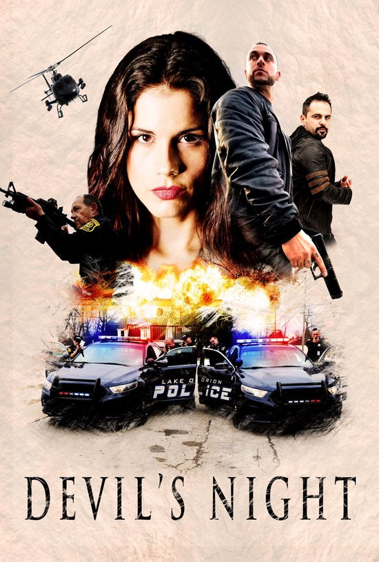 Filmposter: Vrouw in het midden, twee mannen, politieauto's, explosie en helikopter.