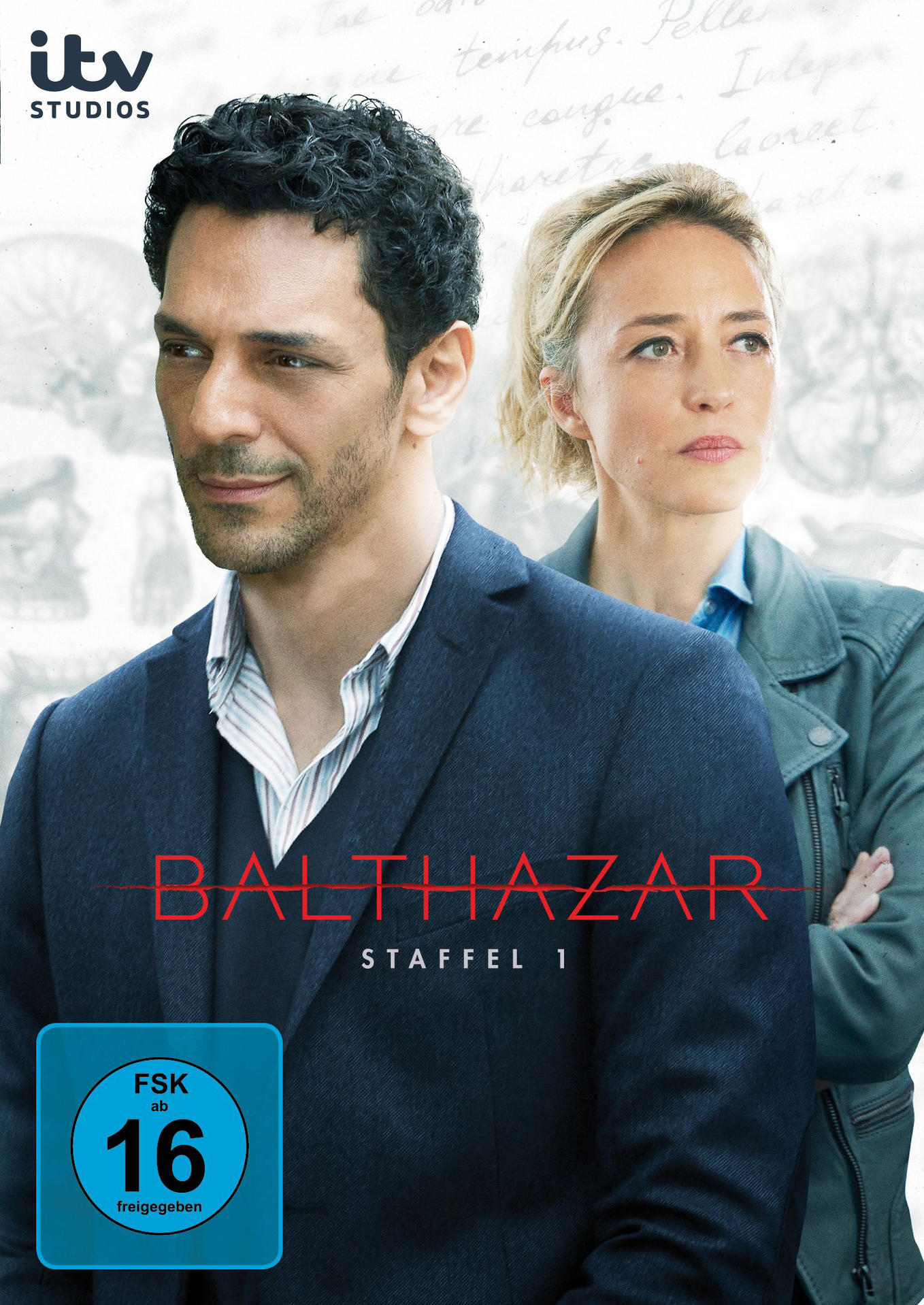 Zwei Personen in einem Rahmen. Text: Balthazar Staffel 1. Der Mann im Anzug, die Frau in Jacke.