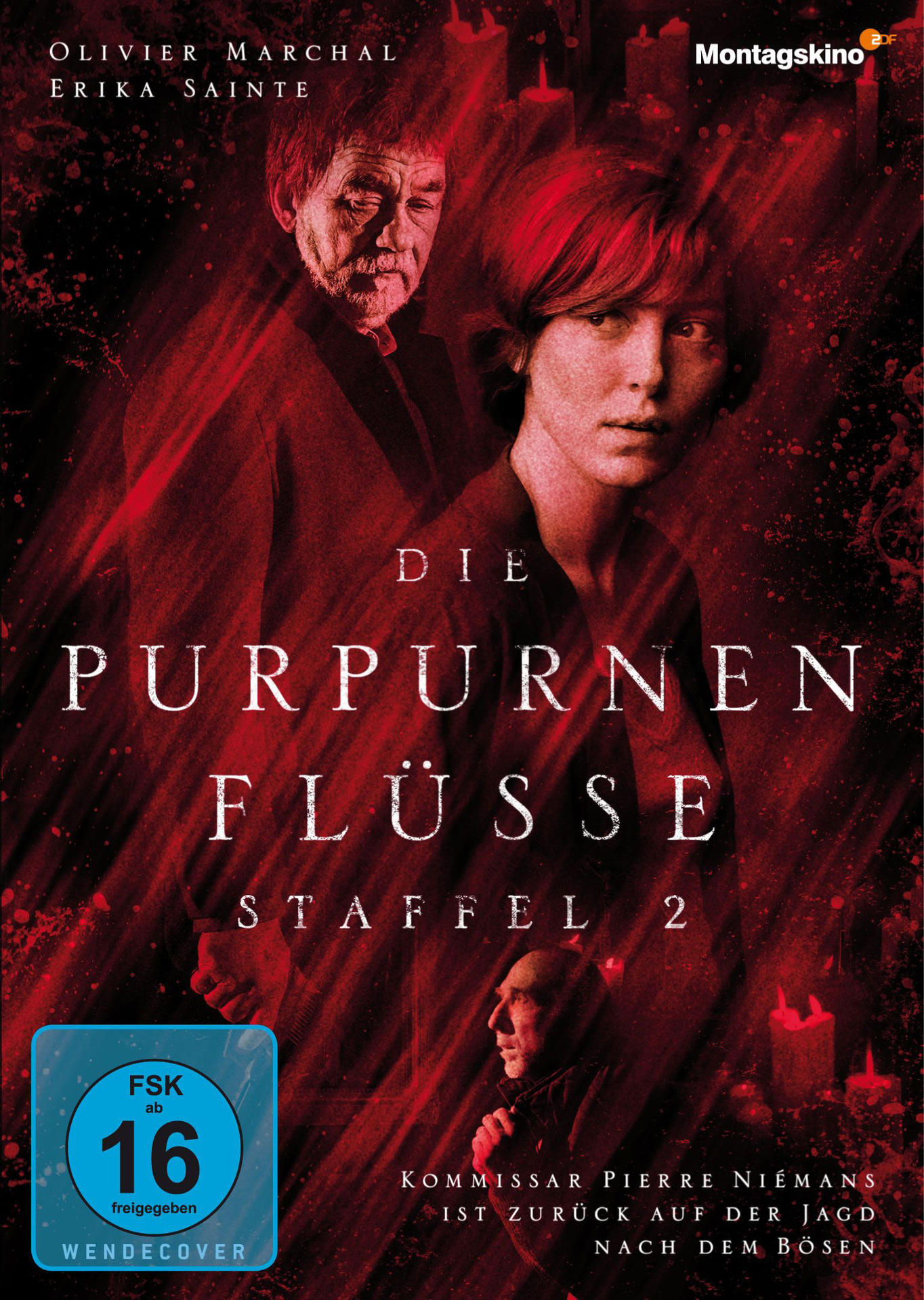 DVD-Cover mit zwei Personen, roter Hintergrund und großer Titel 'DIE PURPURNEN FLÜSSE'.