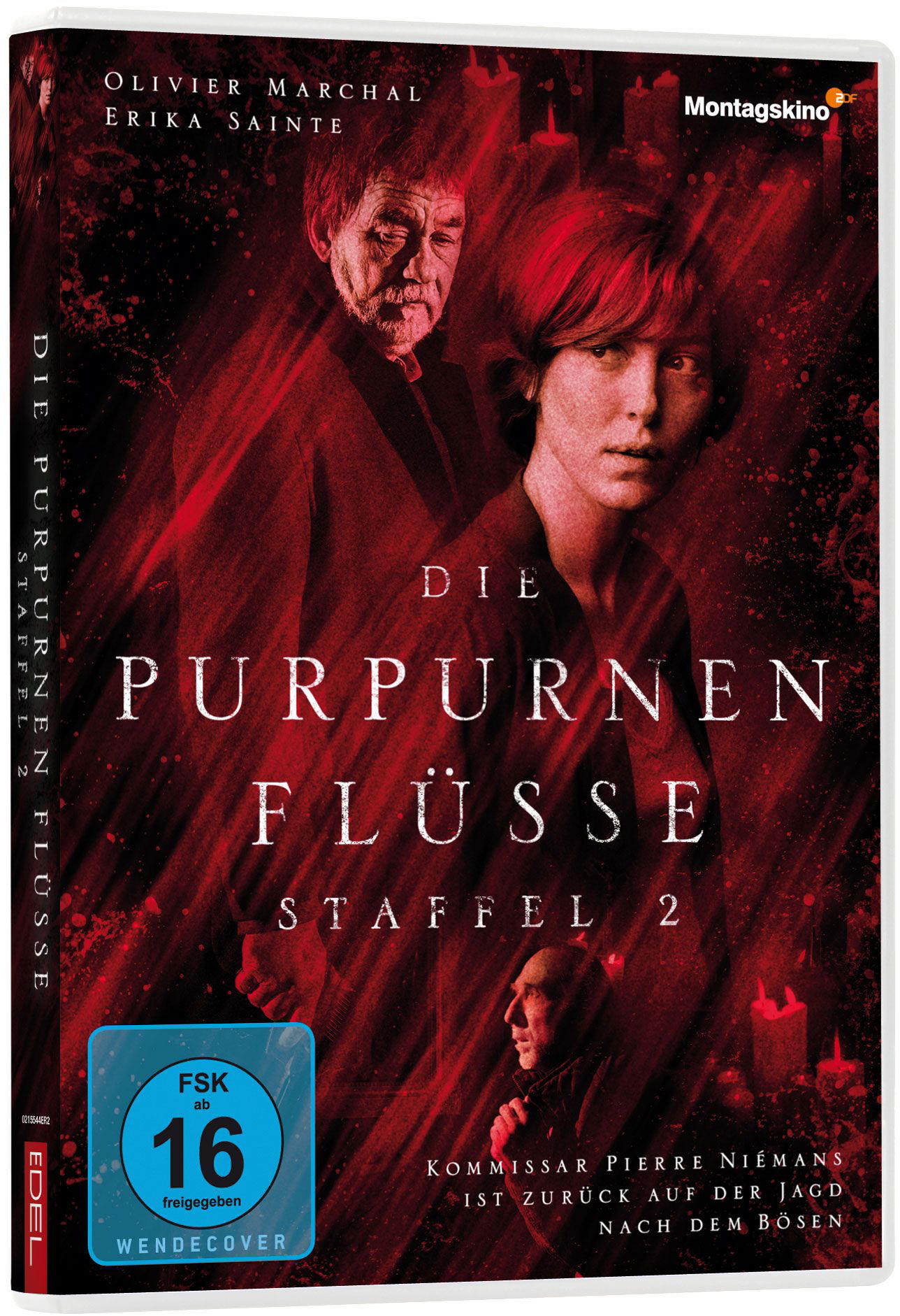 DVD-Cover für 'Die Purpurnen Flüsse Staffel 2'. Zeigt zwei Personen vor rotem Hintergrund.