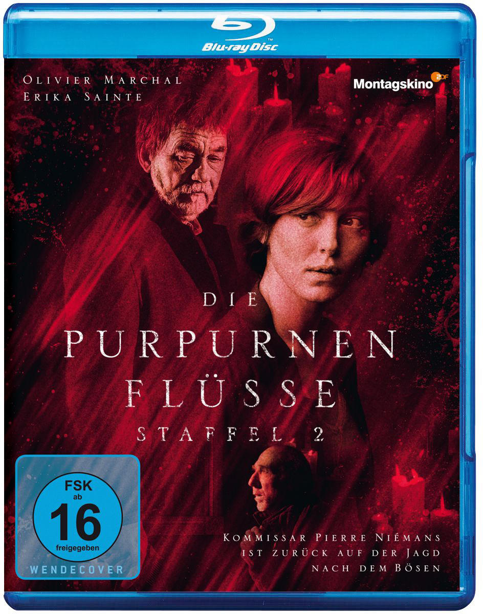 DVD-Cover mit zwei Personen, roter Hintergrund, Text auf Deutsch. Titel: Die Purpurnen Flüsse Staffel 2.