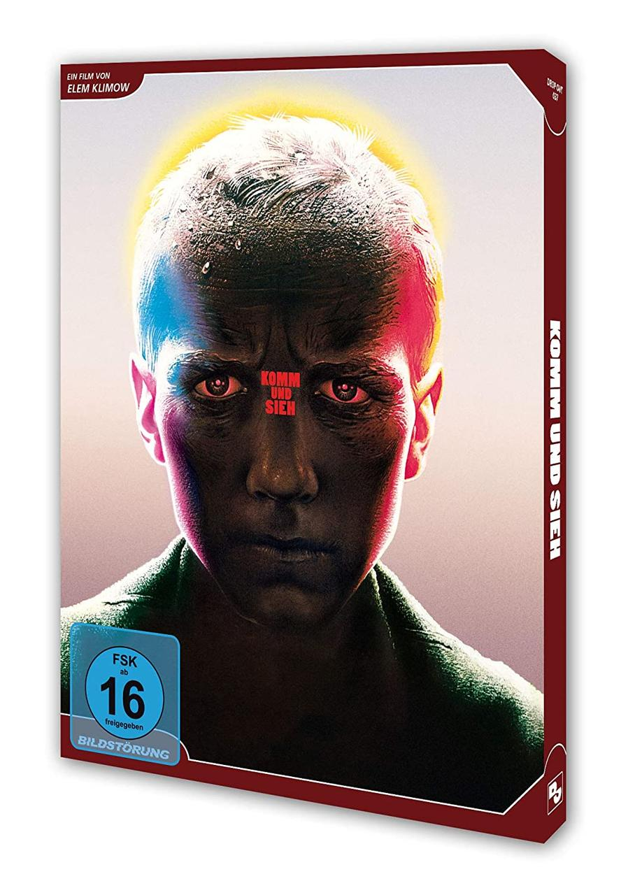 Ein Filmcover mit einem Gesicht und dem Titel 'Komm und Sieh'.