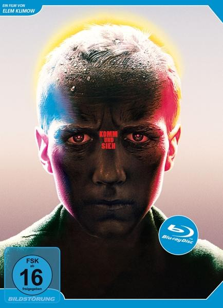 Filmcover mit einem Gesicht, Text: Komm und sieh, und einem Blu-ray Disc Logo.