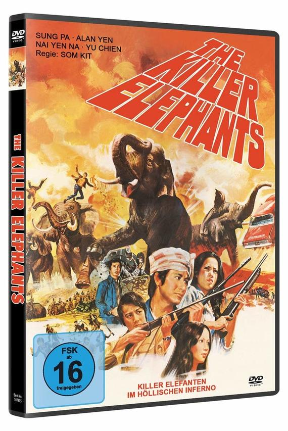DVD-Hülle eines Films, The Killer Elephants. Ein Elefant und eine Gruppe von Menschen.