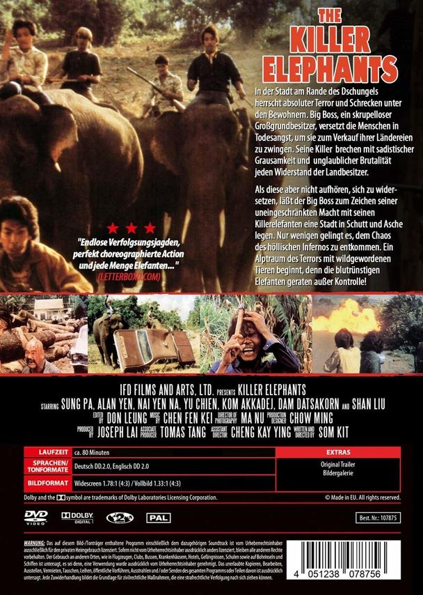 DVD-Cover für "The Killer Elephants". Zeigt Elefanten, Männer auf Elefanten und Filmtitel.