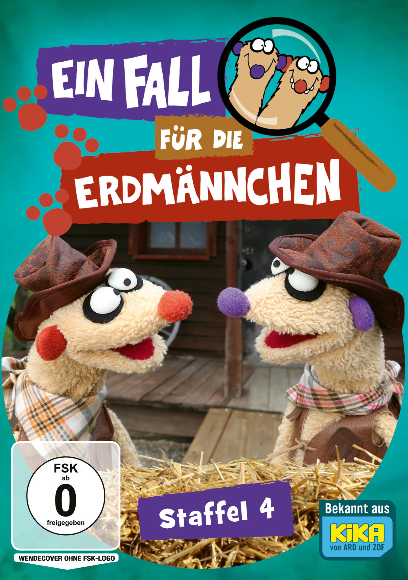 DVD-Cover für 'Ein Fall für die Erdmannchen' mit zwei Erdmännchen-Puppen und einer Lupe.