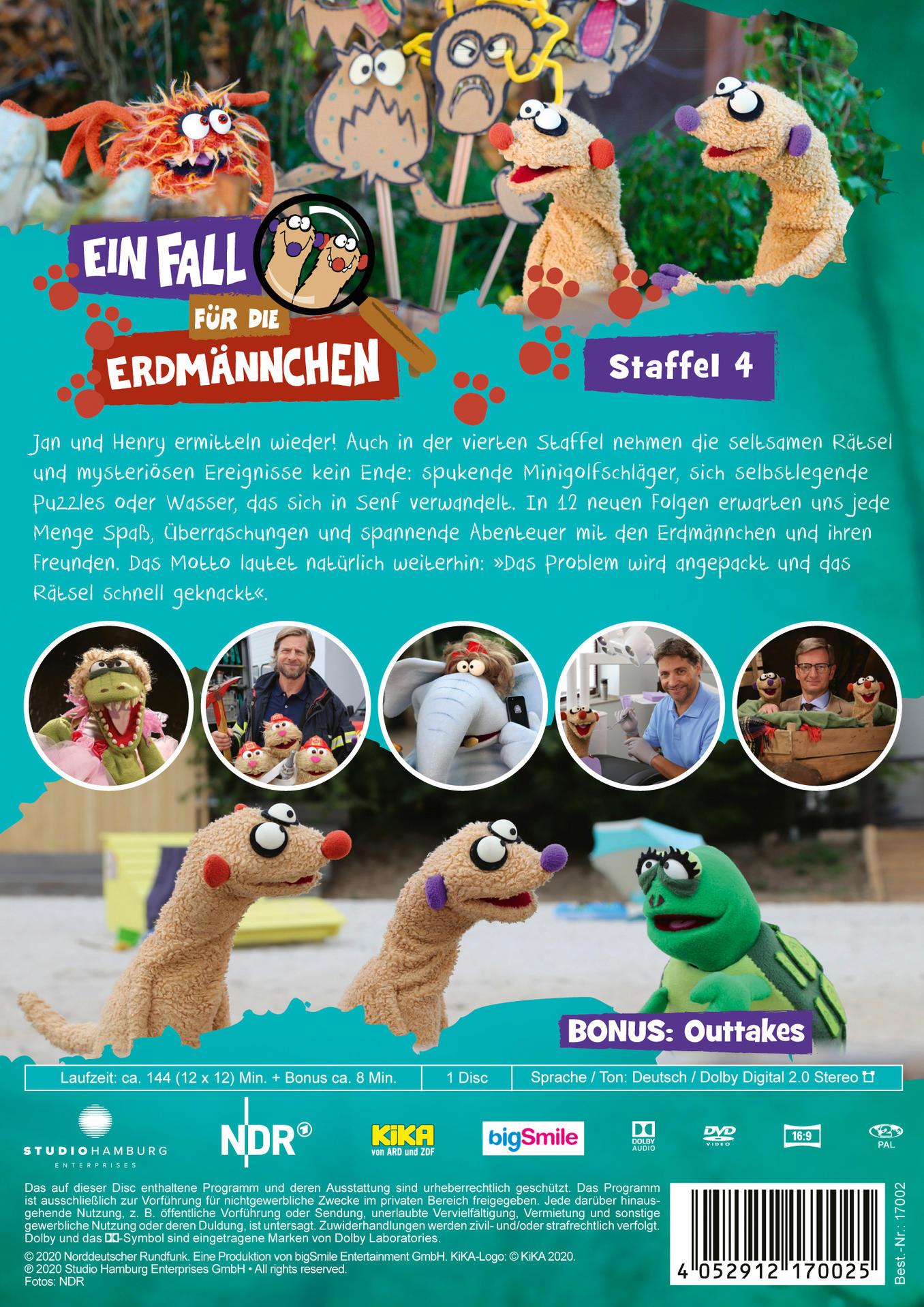 Rückseite einer DVD-Hülle, Animation mit Puppenfiguren, Text auf Deutsch.