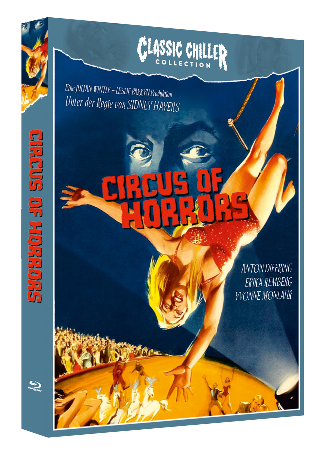 DVD-Cover: 'Circus of Horrors', mit einer Frau in roter Kleidung. Blauer Hintergrund.