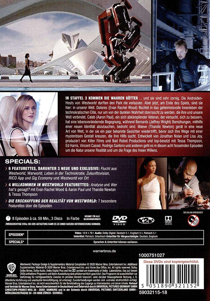 Rückseite einer DVD-Hülle für Westworld. Enthält Informationen zu Besetzung und Episoden auf Stadtgrund.