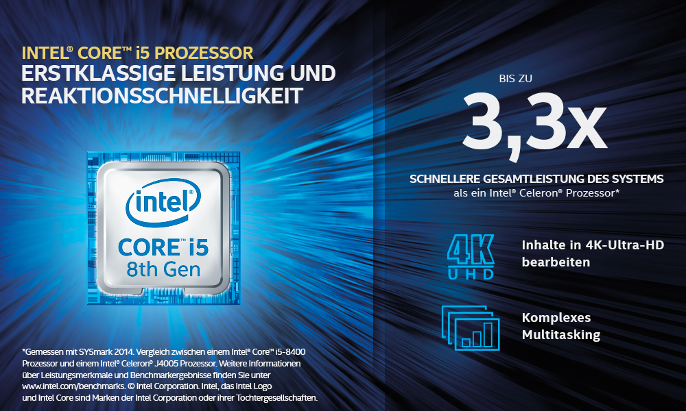 Eine Intel Core i5-Anzeige mit Text und dem Intel-Logo. Zeigt 8. Gen und erwähnt 4k UHD.