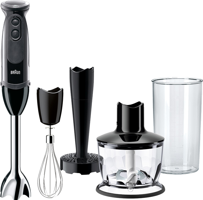 Zwarte Braun staafmixer met opzetstukken: garde, hakmolen en bak.