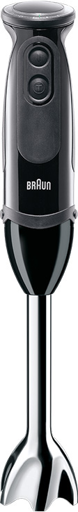 Zwarte Braun staafmixer, rechtop, met knoppen en zilveren schacht.