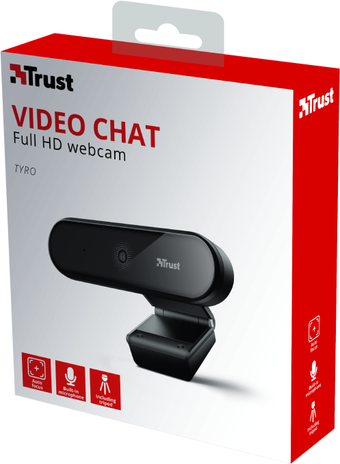 Egy fekete webkamerás doboz. Szöveg: Video Chat, Full HD webcam, Trust. Piros és fehér doboz.