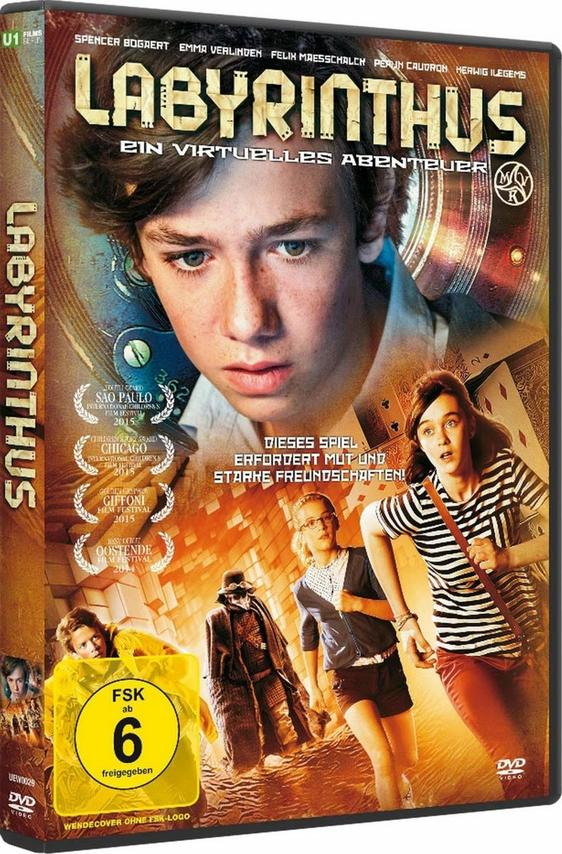 DVD-Cover. Jungengesicht, Titel 'Labyrinthus'. Andere Schauspieler rennen. Gelber Aufkleber unten.