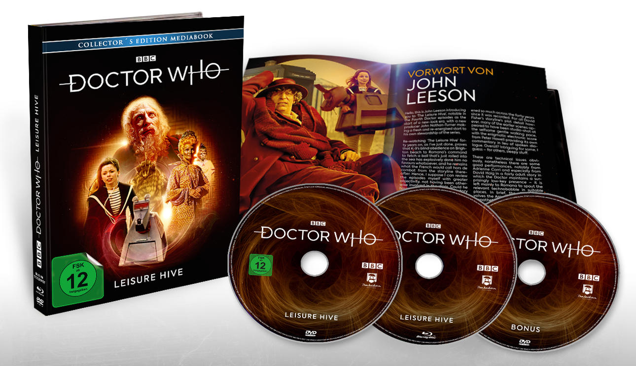 Ein Doctor Who DVD-Set. Drei Discs und ein Buch sind sichtbar, mit Bildern von Charakteren und dem Show-Logo.