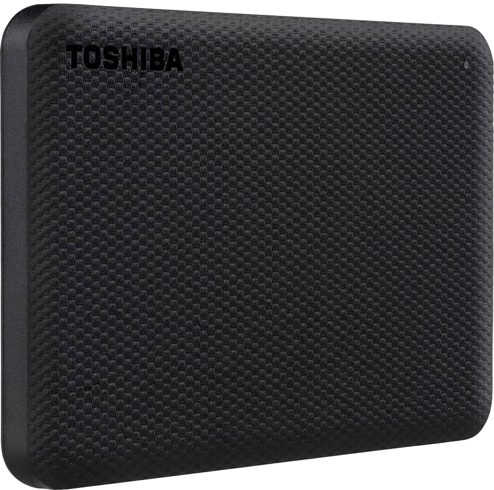Fekete Toshiba külső merevlemez. Textúrált felület. Fehér háttér.