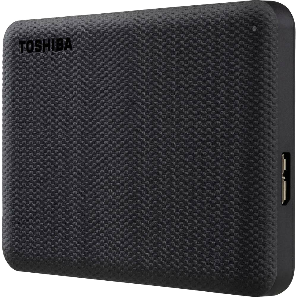 Fekete Toshiba külső merevlemez texturált felülettel, látható USB porttal.
