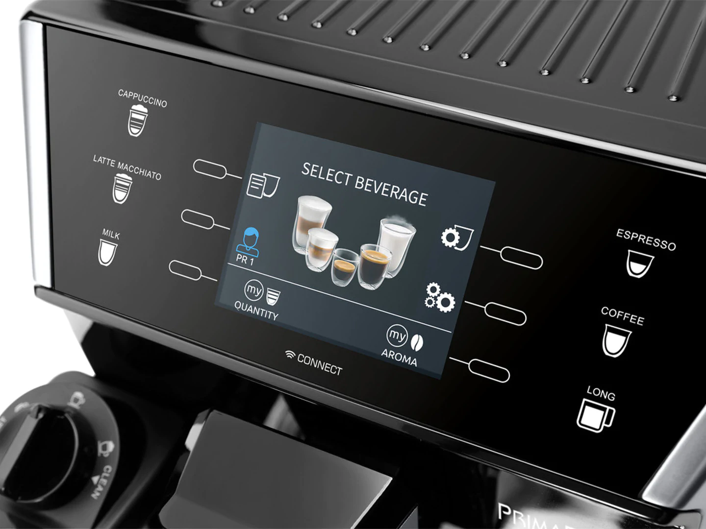 Nahaufnahme einer schwarzen Espressomaschine mit Touchscreen, der Getränkeoptionen anzeigt.