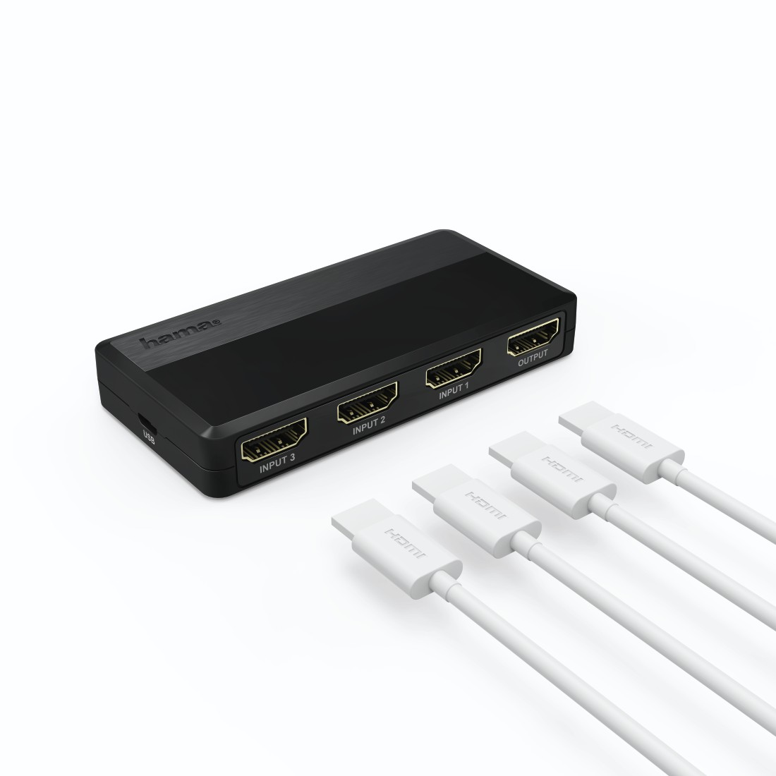 Schwarzer HDMI-Switch mit 4 HDMI-Anschlüssen und weißen Kabeln.