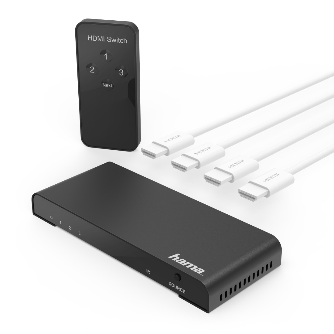 Schwarzer HDMI-Switch mit Fernbedienung und 4 HDMI-Kabeln, weißer Hintergrund.