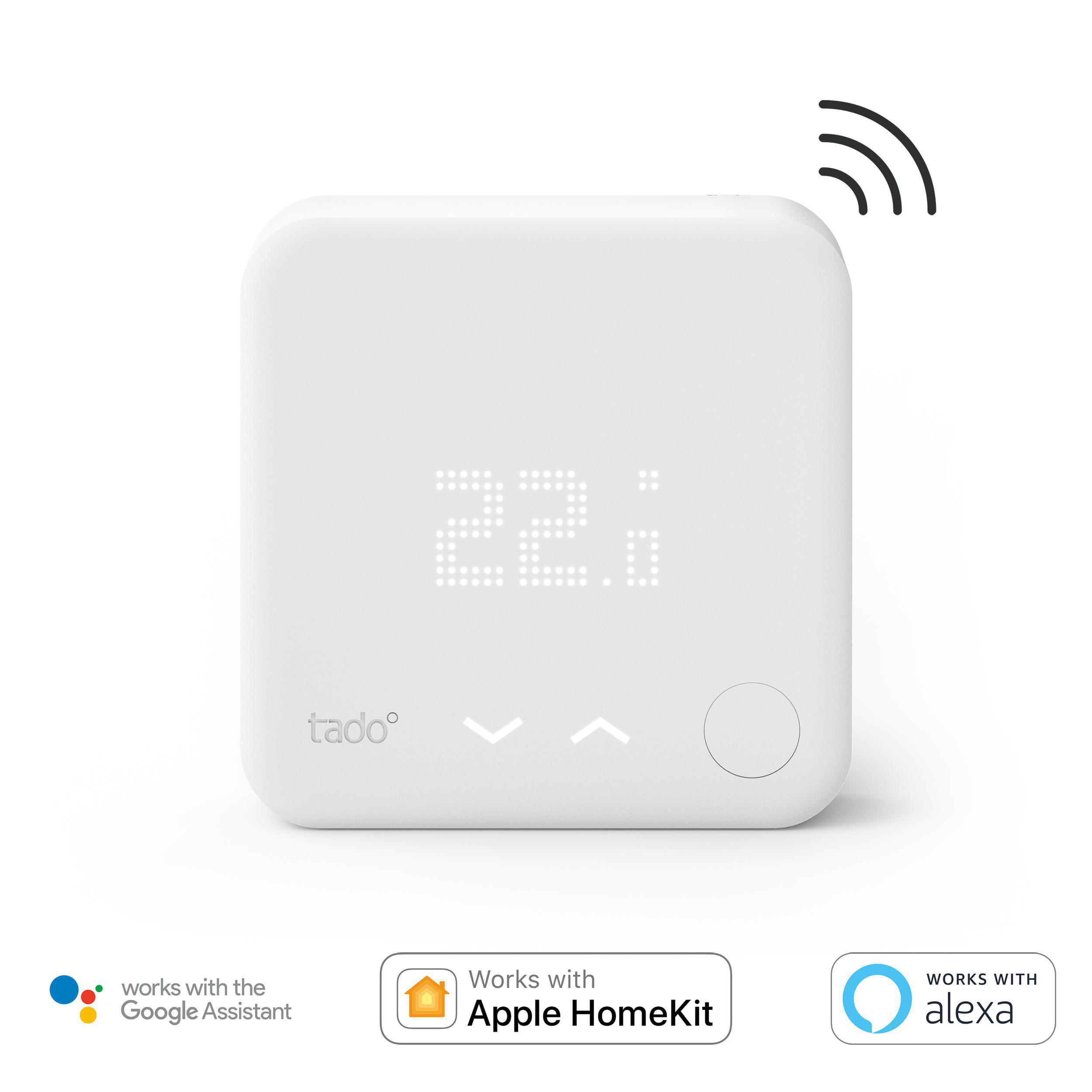 Weißes intelligentes Thermostat mit Display und drei Logos.
