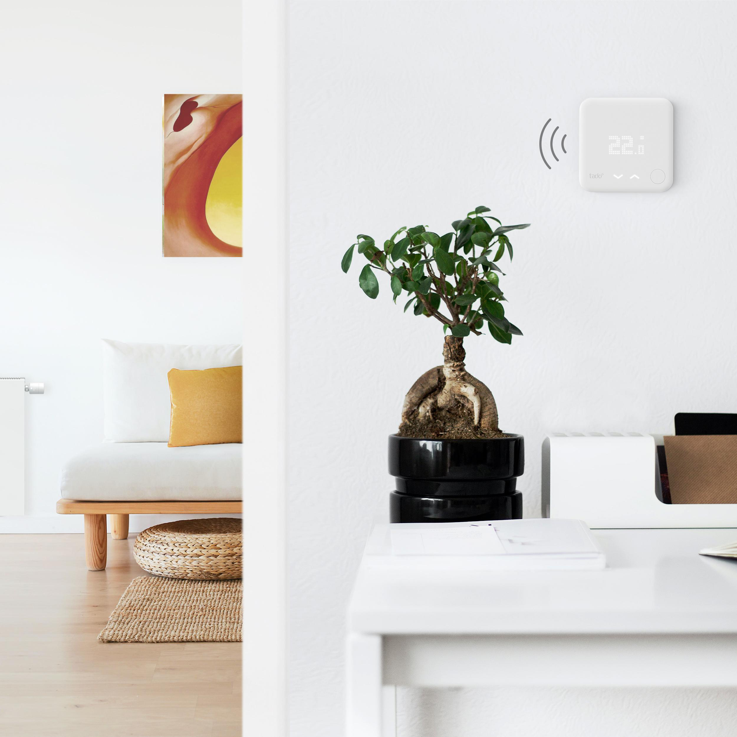 Innenszene: eine weiße Wand mit einem Gemälde und Thermostat. Eine kleine Pflanze und ein Schreibtisch im Vordergrund.