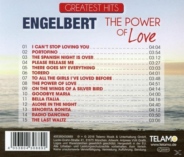 CD-Cover mit Engelbert Humperdincks Album 'The Power of Love'. Text auf einem Sonnenuntergangshintergrund.