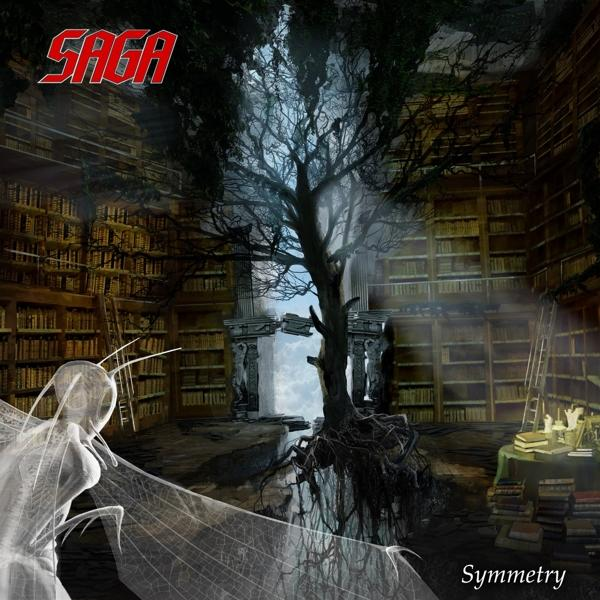 Pochette d'album. Saga, Symmetry. Scène fantastique avec un arbre, une bibliothèque et une femme.