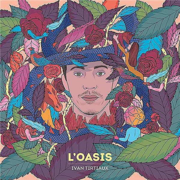 Albumhoes met een geïllustreerd gezicht omringd door rozen en bladeren. Kleurrijke illustratie.
