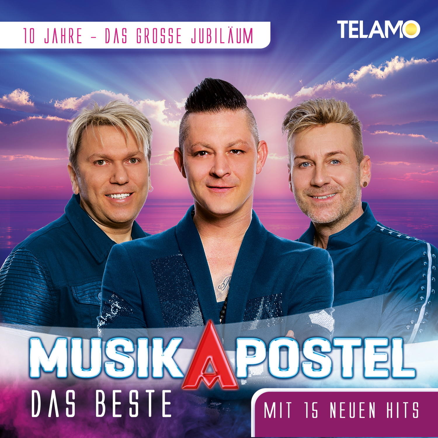 Albumcover. Drei lächelnde Männer. Text: MusikApostel, Das Beste, 10 Jahre Jubiläum.