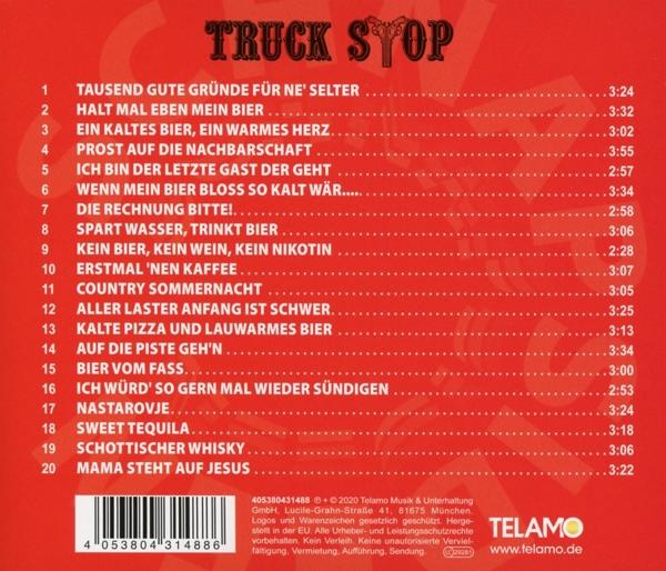 CD-Cover mit rotem Hintergrund und einer Liste von Titeln. Der Titel lautet "Truck Stop".
