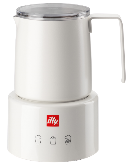 Weißer Milchaufschäumer mit Knöpfen und Griff.