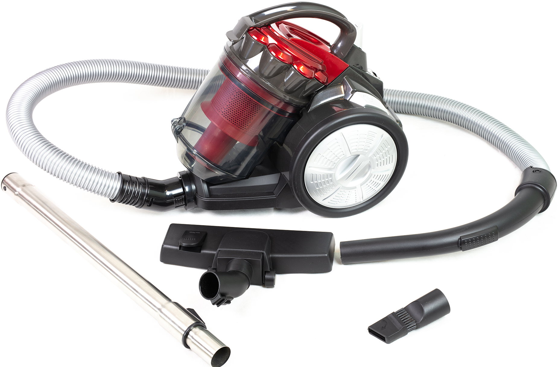 Aspirateur avec pièces, rouge et noir, fond blanc.