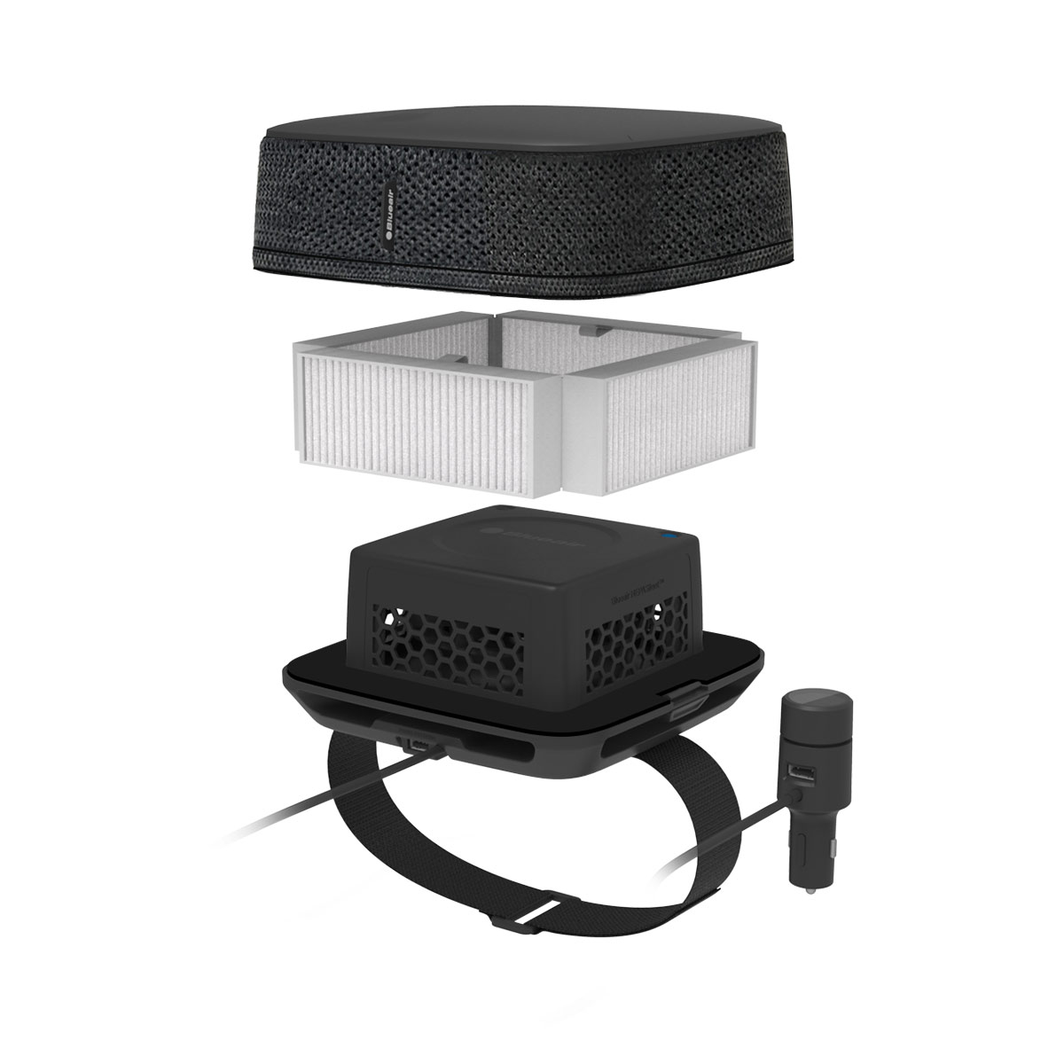 An exploded view of a black air purifier showing the filter layers and components.