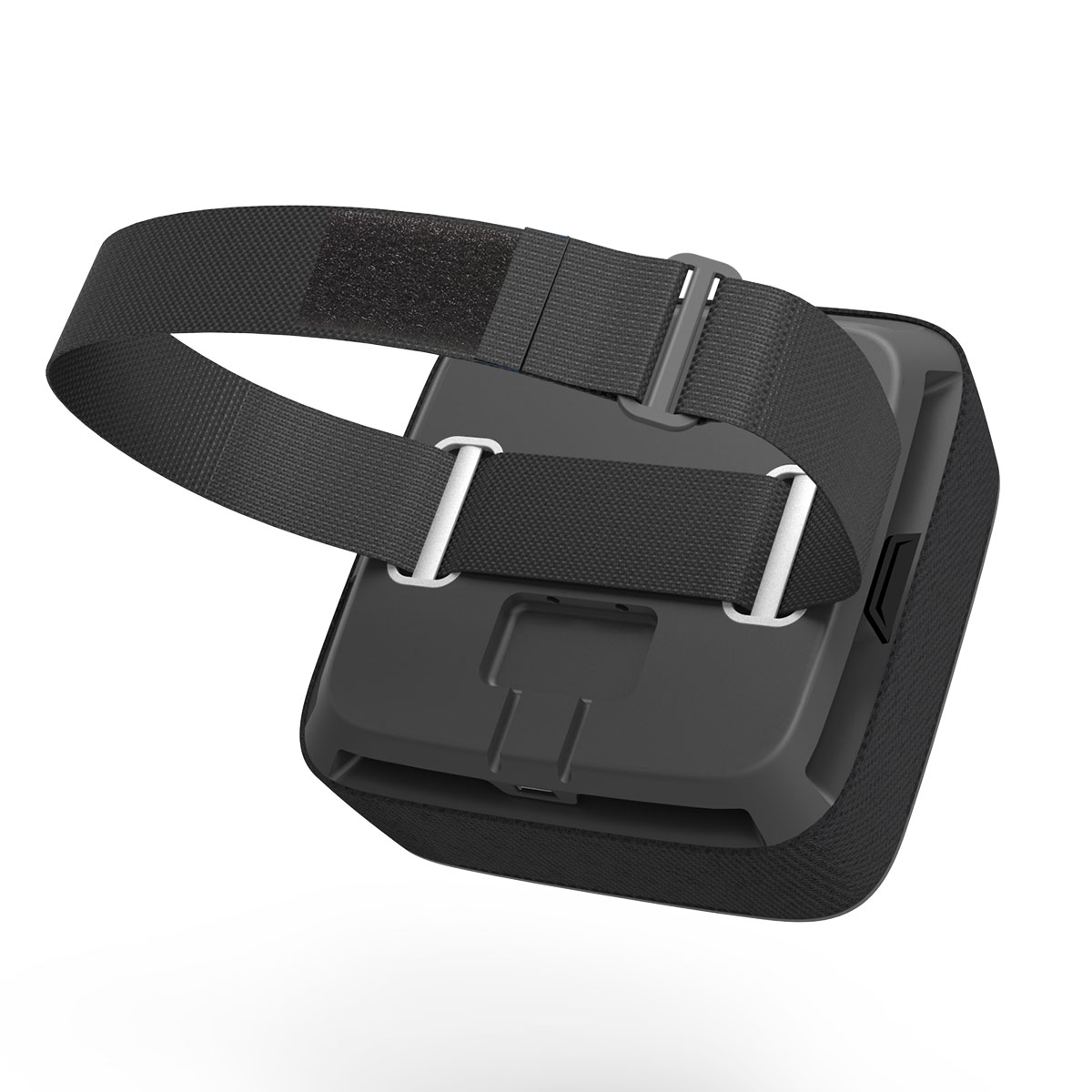 VR headset, black, with a black strap and white plastic holders. The headset is on a white background.