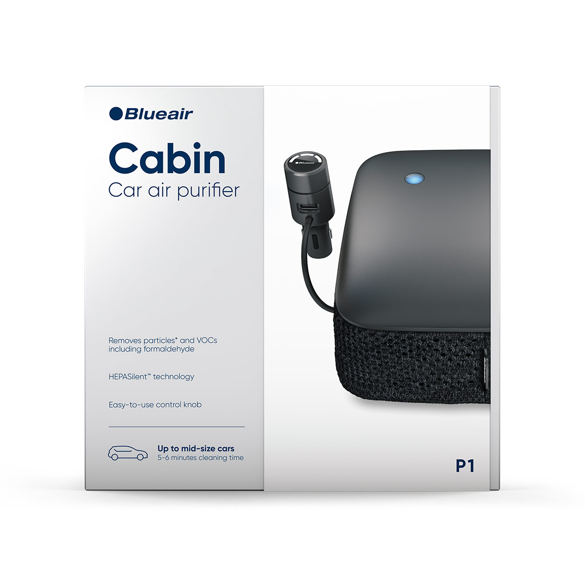 Car air purifier box with a purifier and a power adapter. White background.