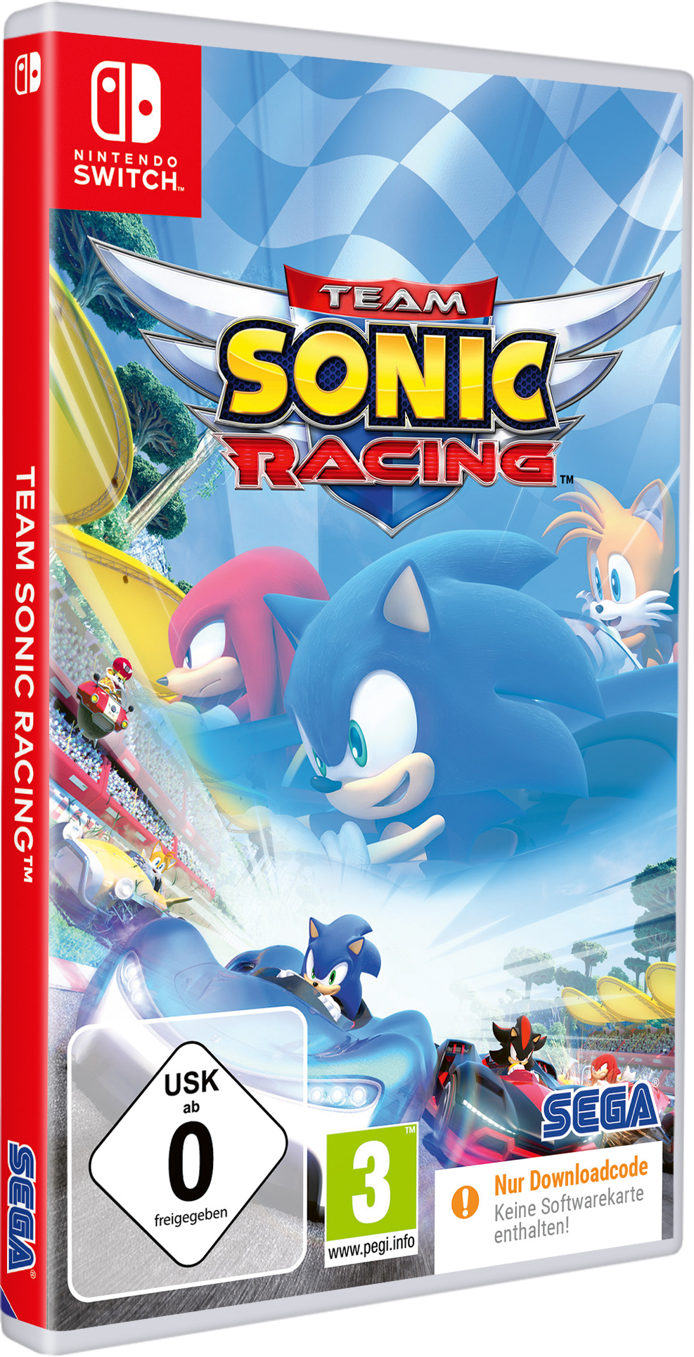 Eine Spielverpackung von Team Sonic Racing für die Nintendo Switch. Es hat Sonic und andere Charaktere darauf.