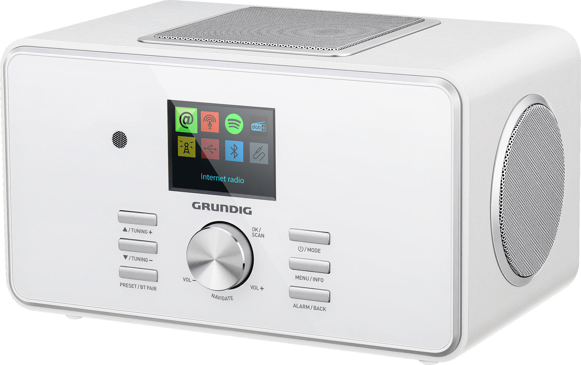 Ein weißes Internetradio mit Bildschirm und Knöpfen, das das Grundig-Logo anzeigt.