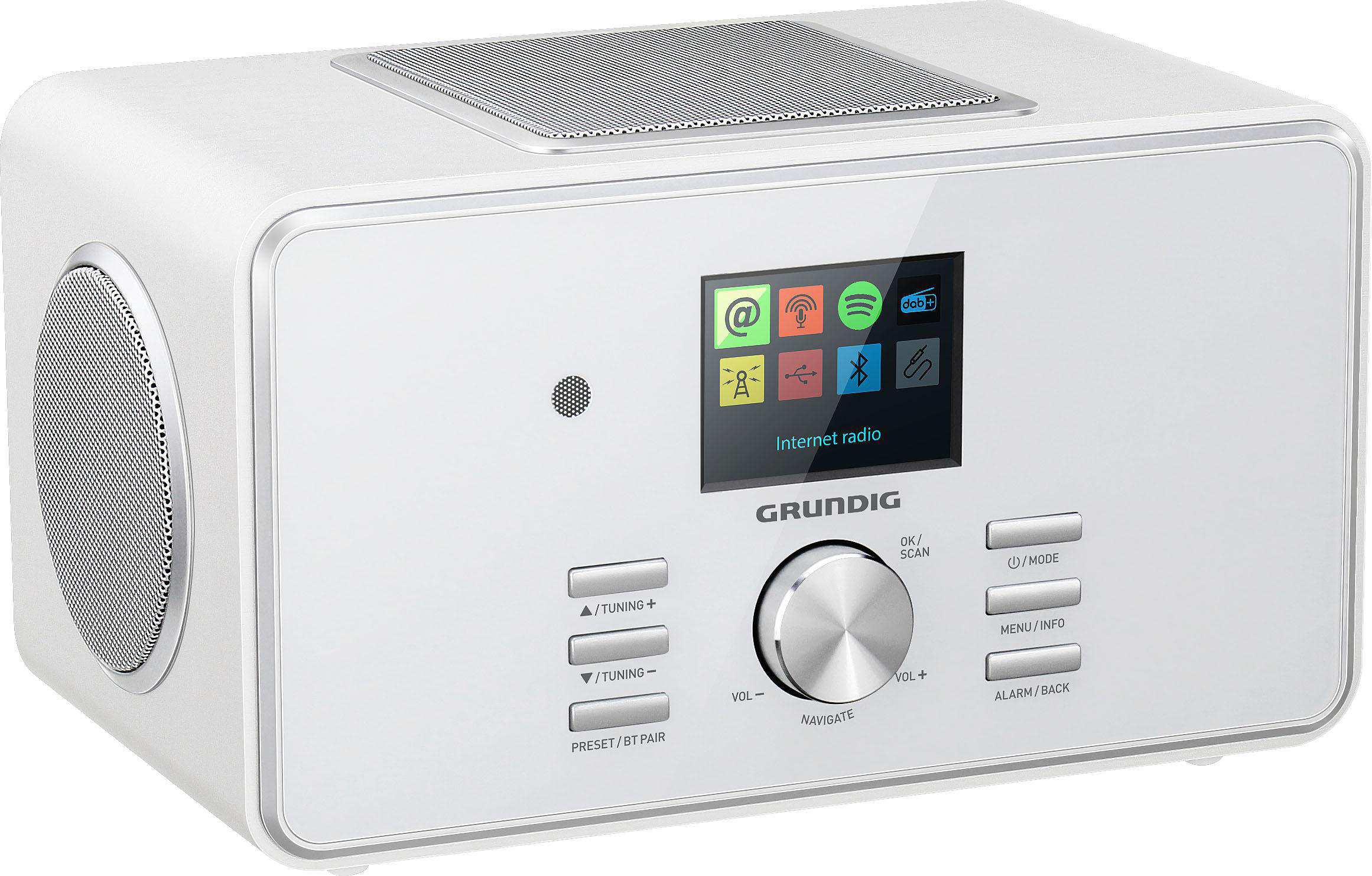 Weißes Internetradio mit Bildschirm und Knöpfen. Das Grundig-Logo ist sichtbar.