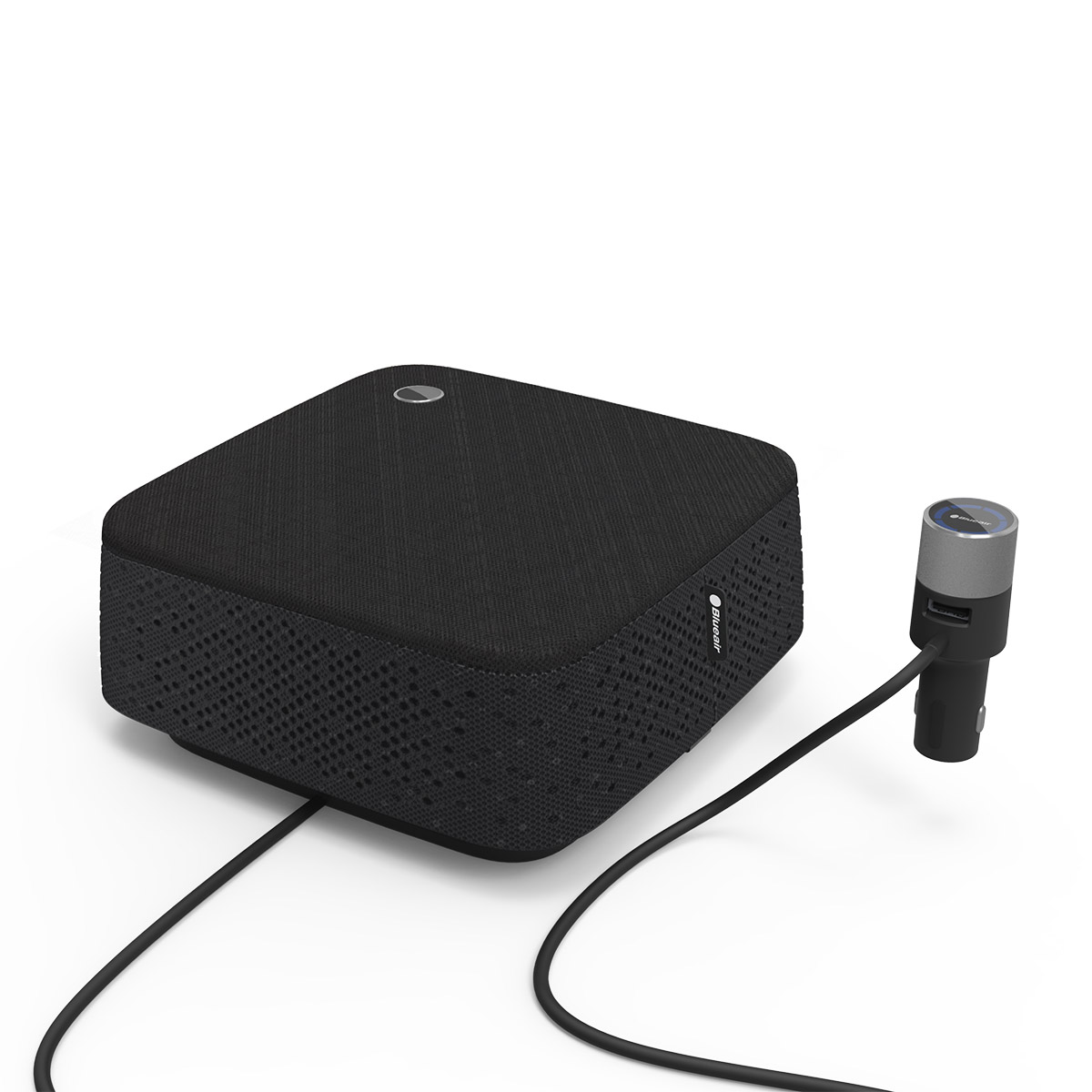 A black box-shaped device with a power cord and a smaller device plugged into a car outlet.