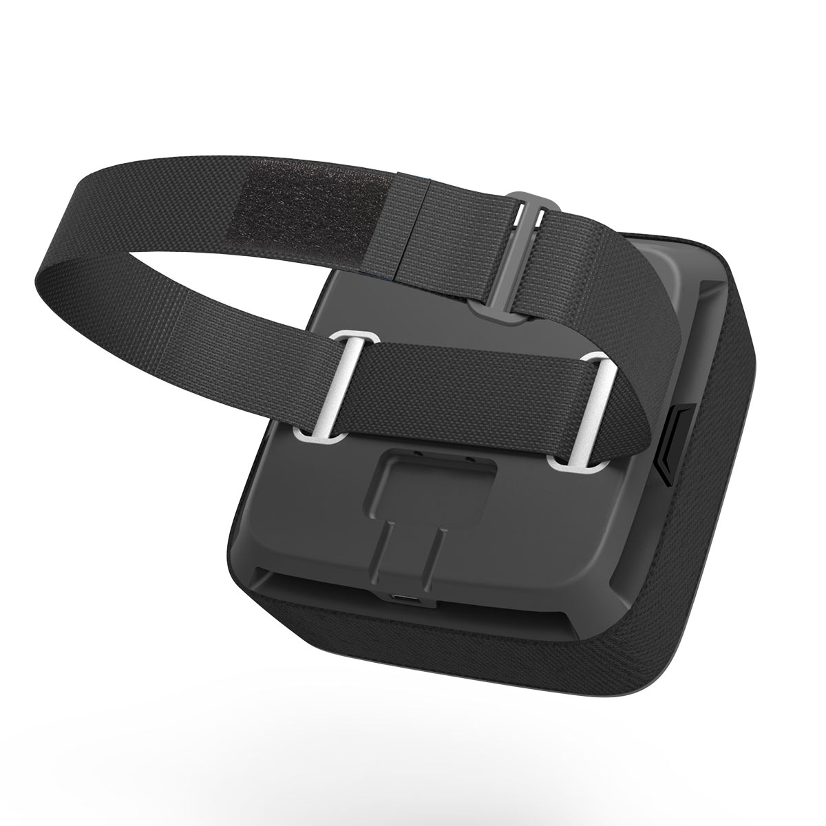 Back view of a black VR headset with straps and a connector.