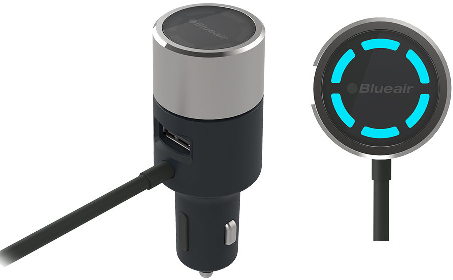 Blueair car charger, black and silver design, USB port.