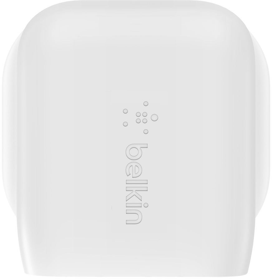 White Belkin charger. The Belkin logo is visible on the surface.