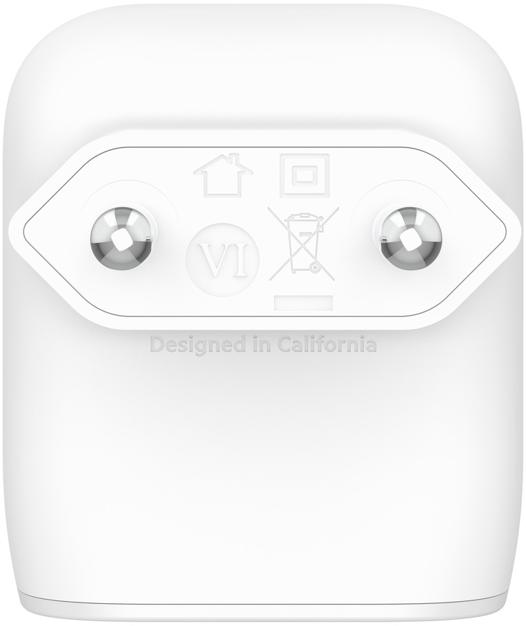White, European-style wall plug with silver prongs and markings.